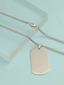 Polished silver stainless steel dog tag pendant necklace with round link chain detail