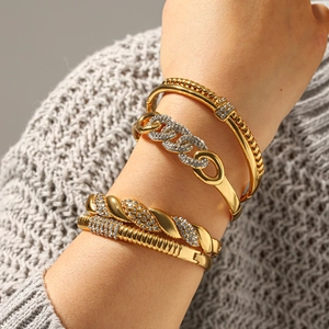 Gold Plated Stainless Steel Bangle Bracelet For Women Rhinestone Cuban Link Twisted Rope Luxury Fashion Non Tarnish Waterproof