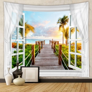 Detail of bohemian wall tapestry featuring a 3D window view of a sunset beach with palms