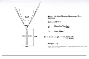 Detail view of iced out cross necklace dimensions with 60cm titanium steel chain specs