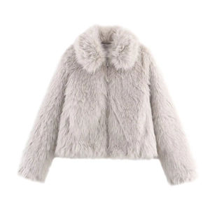 Veste Courte En Fausse Fourrure Pour Femme Mode Couleur Unie Fermeture Éclair Revers Manches Longues Manteau Chaud