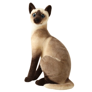 Lifelike Siamese cat plush toy in sitting posture with blue eyes and soft fur texture