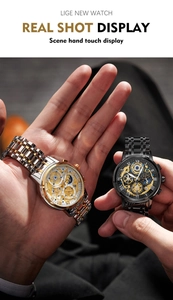 Macro shot of silver-gold and matte black stainless steel multifunctional hollow watches