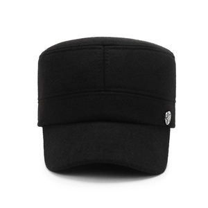 Classic black military flat cap for men with warm ear protection and metal emblem detail