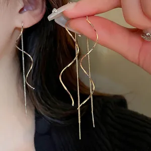 Geometric Twisted Wave Long Ear Thread Earrings Copper Jewelry With Steel Earring Post Minimalist Style For Women