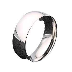 Men's titanium steel ring featuring silver polished finish and black textured inlay