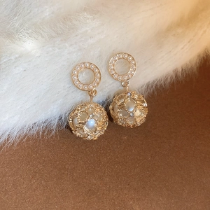 French style gold mesh ball earrings with pearls and rhinestone circles for women