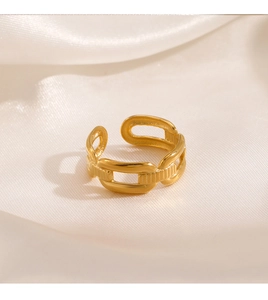 Detail of 18K gold plated chain style adjustable stainless steel ring on silk