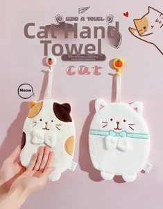 Detail of cute cat hand towels with hanging loops showing soft microfiber texture