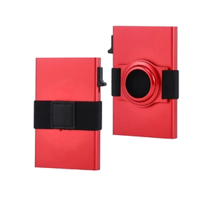 Dual view of a red aluminum RFID wallet with AirTag holder and black elastic strap