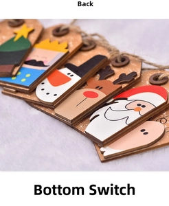 Detail of wooden Christmas ornaments with Santa, reindeer and snowman featuring light-up switches