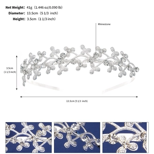 Detailed size specifications and weight for silver rhinestone floral tiara and crown