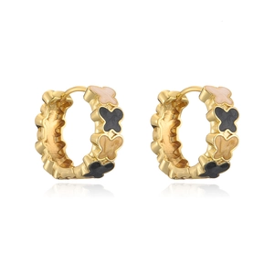 Detail of 18K gold-plated earrings with colorful clover enamel inlays on white backdrop