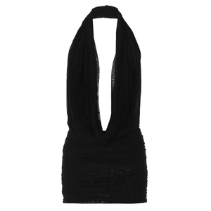 Detail of black mesh backless dress with ruched bodycon design and deep V-neckline