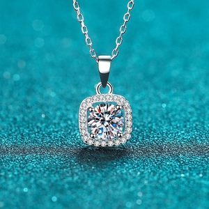 Square Halo Pendant Necklace 925 Sterling Silver Moissanite Round Cut Zircon Sparkling Elegant Jewelry For Women