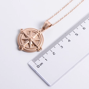 Vintage rose gold compass pendant necklace in stainless steel with sandblasted finish