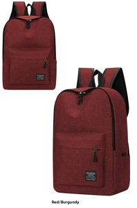 Detail view of wine red backpack featuring durable fabric and dual-zipper main compartment