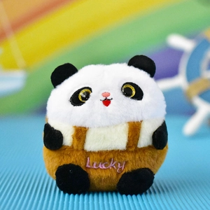 Macro view of a cute panda plush keychain with soft fur texture and Lucky embroidery detail