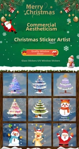 Detail view of 9 UV Christmas stickers featuring Santa, reindeer, and snowman designs