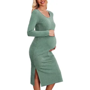 Robe De Maternité Manches Longues Tricot Côtelé Fente Latérale Moulante Automne Hiver Col Rond Vêtements De Grossesse