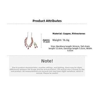 Detailed size parameters for teardrop tassel necklace and red rhinestone earring set