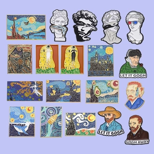 Art enamel pin set with Van Gogh and classical sculpture designs on purple background