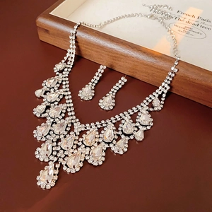 Close-up of luxury bridal necklace set with tiered water drop rhinestones and pear crystals