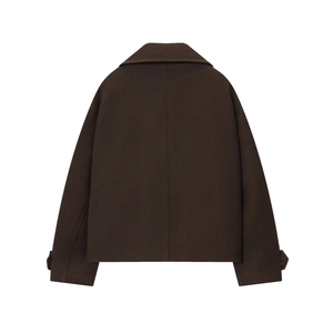 Women's dark brown short lapel coat in thick wool-like fabric with back view display