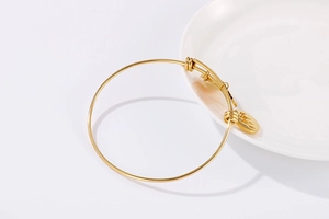 Detailed macro view of the gold adjustable bangle with a delicate circular charm