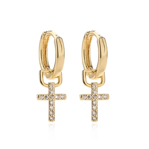 Gold huggie hoop earrings with sparkling zircon cross pendants shown on white background