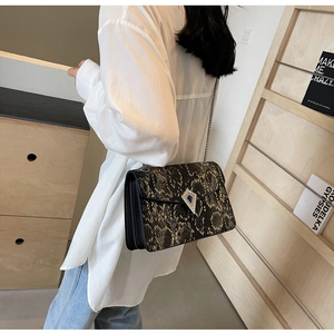 Detail view of snakeskin pattern shoulder bag with metallic lock and chain strap
