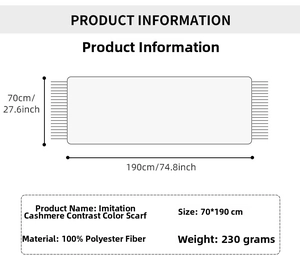 Size specifications for winter two-tone cashmere-like scarf, 70cm width and 190cm length