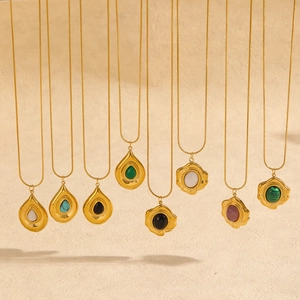 Vintage Stainless Steel Necklace Gold Plated Water Drop Turquoise Tiger Eye Stone Pendant Snake Chain Retro Luxury Jewelry