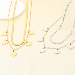 Ensemble de colliers double couche en acier inoxydable avec pendentifs cœur et chaîne