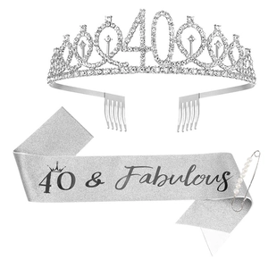 Detail of 40th birthday set including silver rhinestone crown and 40 & Fabulous sash