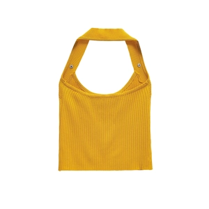 Bright yellow halter neck ribbed knit tank top for women in a minimalist flat lay view