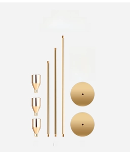 Disassembled gold candle holder set parts including cups, rods, and round metal bases