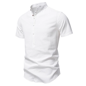 Detail shot of white linen Henley shirt featuring breathable fabric and brown buttons