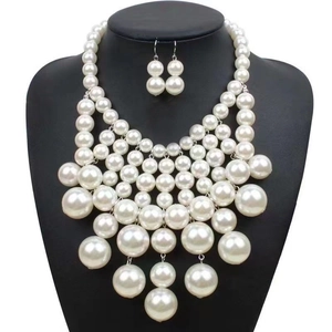 Detail of multi-layer white pearl necklace set and matching earrings on black bust