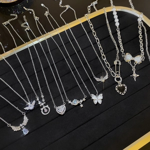 Silver titanium steel necklace collection with pearl butterfly and heart pendants