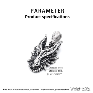 Detail view of retro stainless steel dragon head pendant with 45x29mm size and 28g weight
