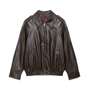 Women Faux Leather Bomber Jacket Brown PU Zip Up Elastic Hem Loose Fit Casual Streetwear Fashion Outerwear For Lady