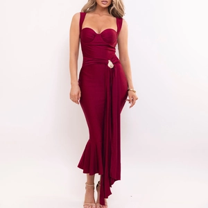 Elegantes Halter Midi Kleid Satin Gerasfft Rückenfrei Sexy Einfarbig Meerjungfrau Saum Hohe Taille Abendparty Damen