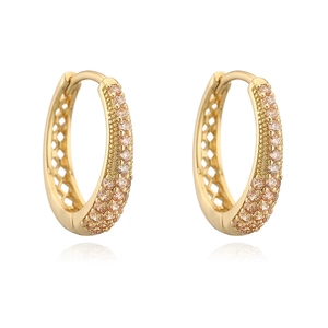Luxury gold hollow U-shape earrings with pink zircon micro-paving on white background