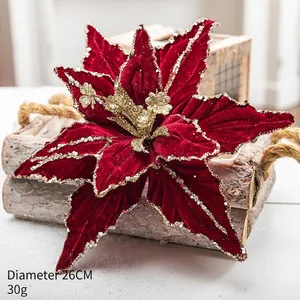Detail of 26cm red velvet artificial poinsettia with gold sequins for Christmas decor