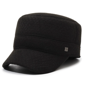 Men's winter flat top wool cap with warm ear flaps and metallic SD side ornament