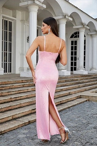 Detailed back view of pink sequin slip dress featuring an elegant slit and open back design