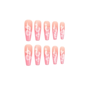 Pink gradient ballerina press-on nails with heart and star patterns, set of 10 pieces