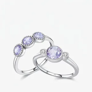 925 Sterling Silver Ring Purple Round Zircon Crystal Minimalist Geometric Jewelry For Women