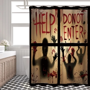 Detail of waterproof Halloween shower curtain featuring blood handprints and silhouettes